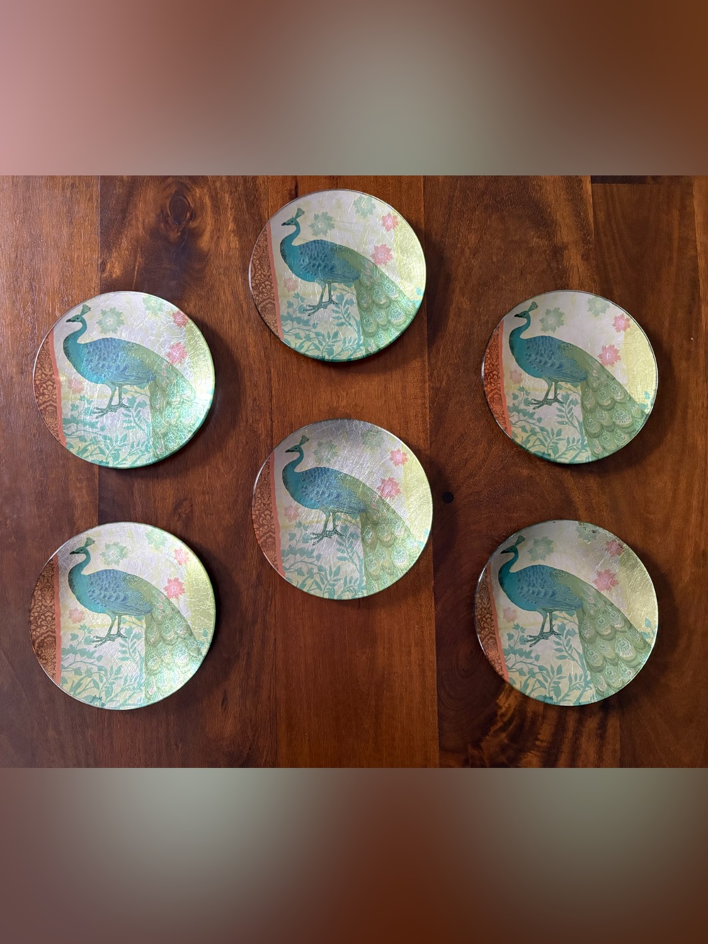 Set of 6 Pier 1 Imports Peacock Floral Metal Round Appetizer Plate 6 inch w/ Box